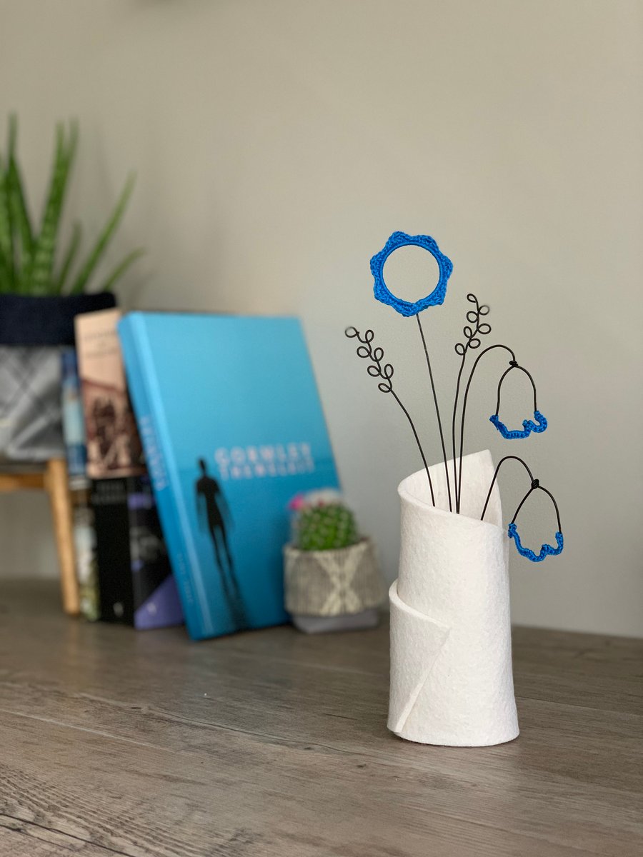 Large felt vase with wire crochet flowers - Large - Bluebells