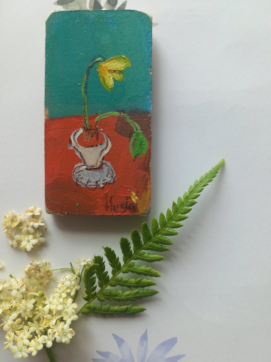 Miniature flower painting on reclaimed wood 'the yellow tulip '