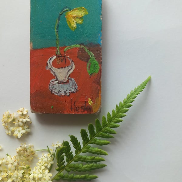 Miniature flower painting on reclaimed wood 'the yellow tulip '
