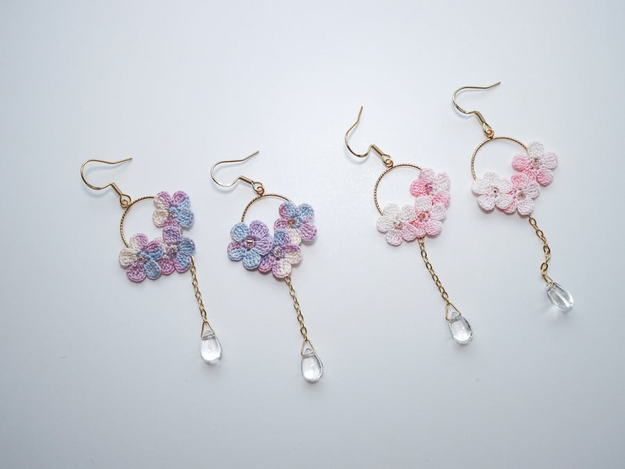 Crochet flower cluster forger-me-not earrings, handmade sustainable earrings