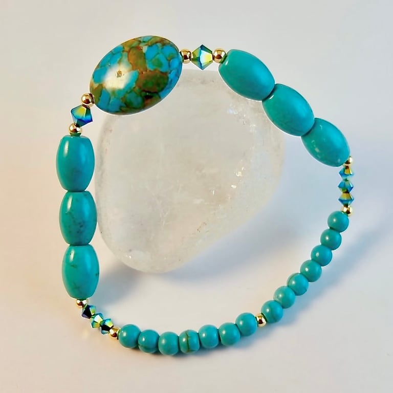 Turquoise Bracelet With Swarovski Crystals - Handmade In Devon - Free UK P&P