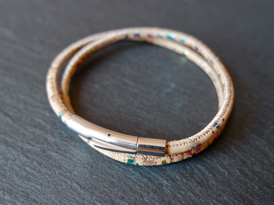 vegan cork wrap bracelet rainbow metallic