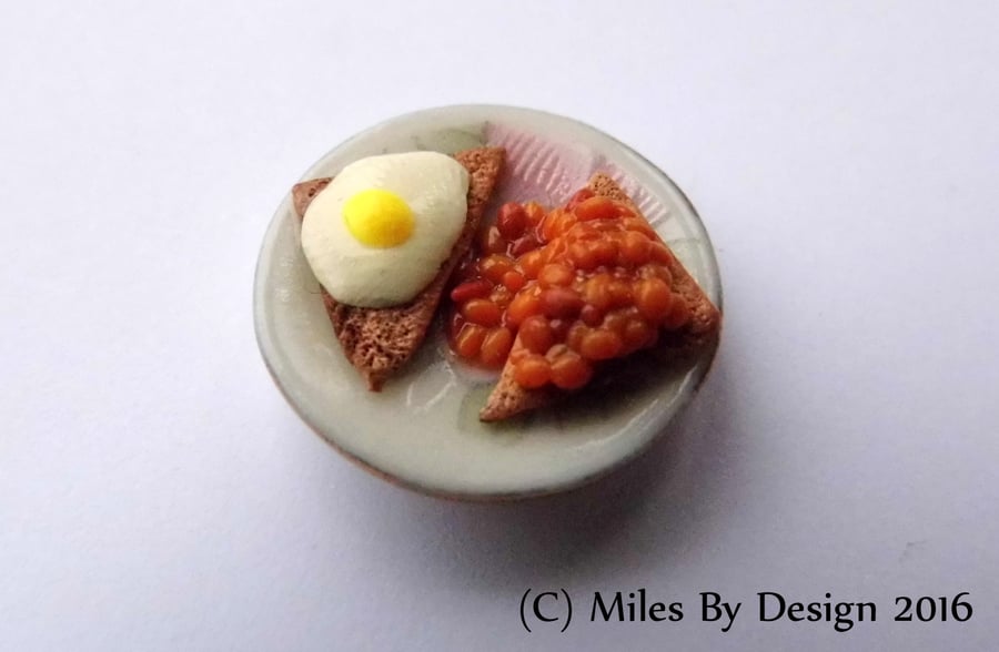 Fried Egg and Beans on Toast Breakfast Plate for Dolls House - Food - Polymer 
