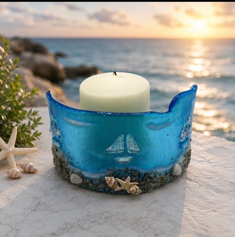 Handcrafted Fused Glass Freestanding Light Catcher Candle Front Curve 