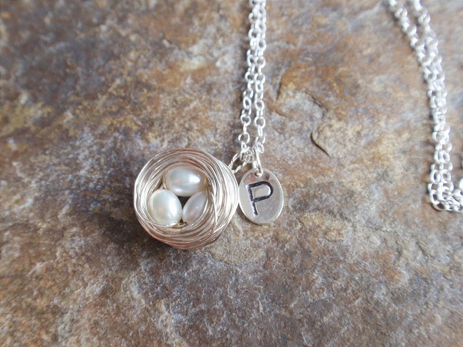 Personalised Necklace, Sterling Silver Birds Nest with Initial and Pearls