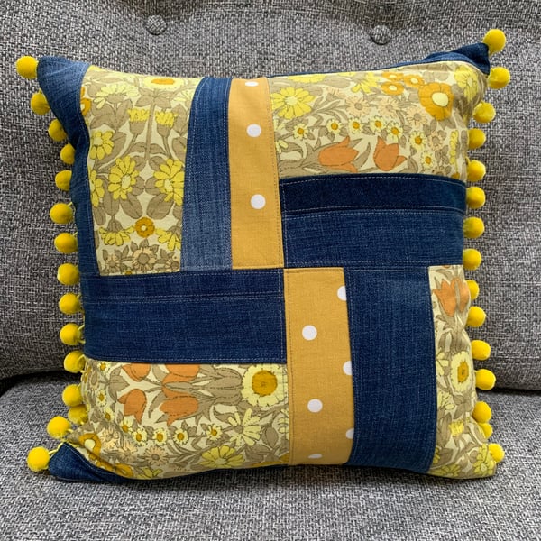 Patchwork denim and vintage Daisy Chain cushion... - Folksy