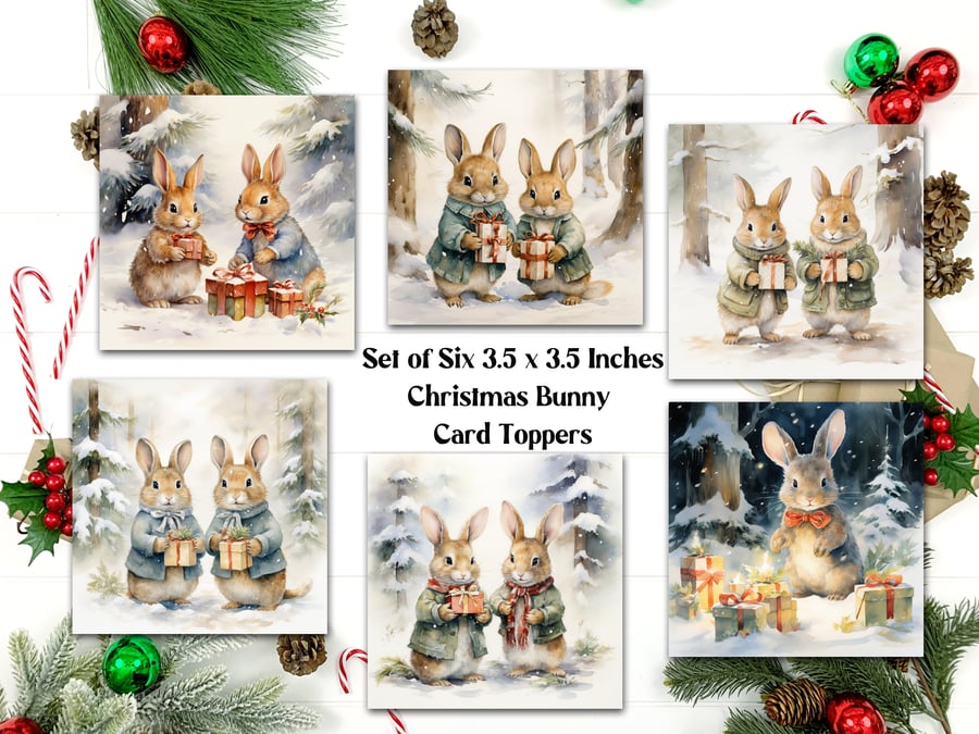 Christmas Bunnies Bearing Gifts Square Card Toppers for Card Making, Tags