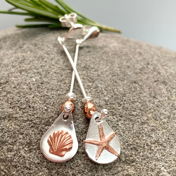 Silver Starfish Sea Shell Mismatched Earrings with copper details F&W