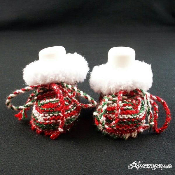 Hand knitted Christmas white fur trim baby booties 0 - 3 months