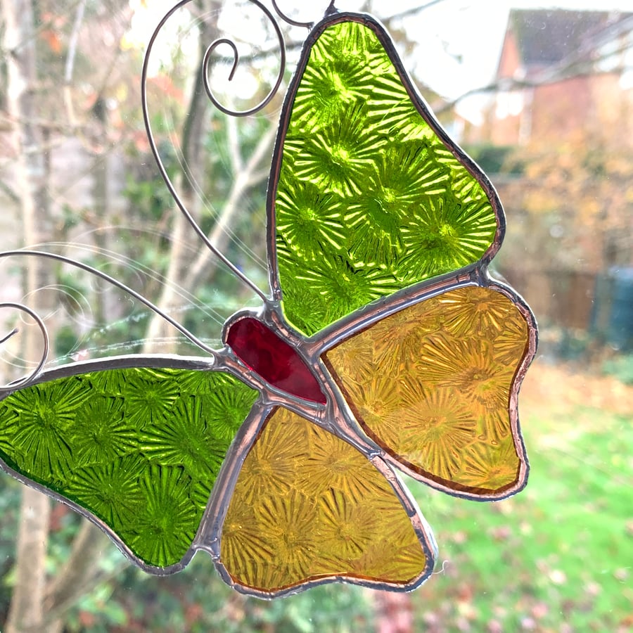 Stained Glass Butterfly Suncatcher - Handmade Decoration - Amber  and Lime