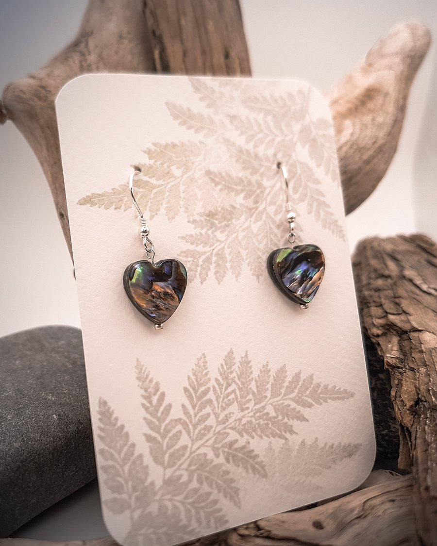 Abalone shell hearts and sterling silver dangle earrings