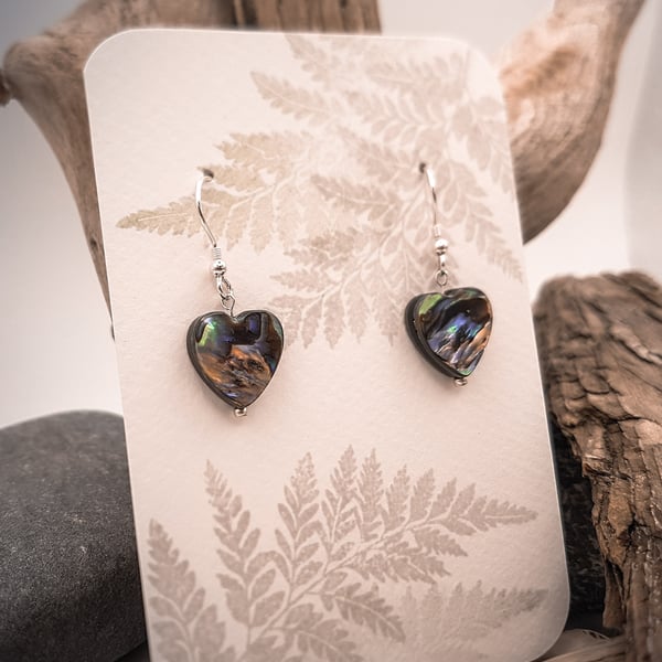 Abalone shell hearts and sterling silver dangle earrings
