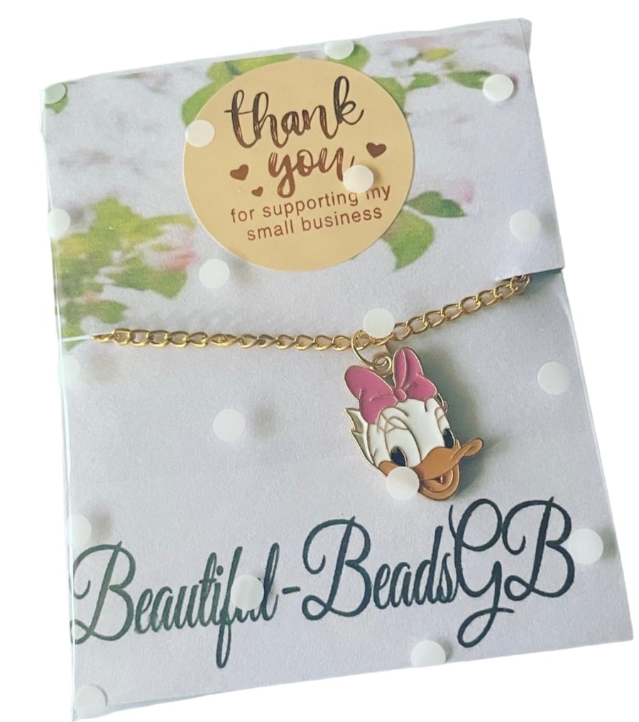 Daisy duck gold tone charm necklace curb chain pendant 16 inches gift necklace