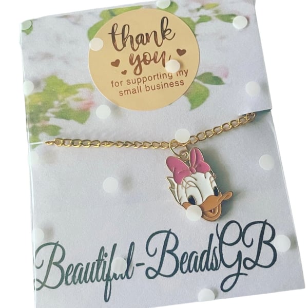 Daisy duck gold tone charm necklace curb chain pendant 16 inches gift necklace