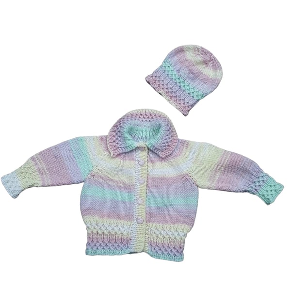 Hand knitted baby cardigan and hat 0 - 6 months 