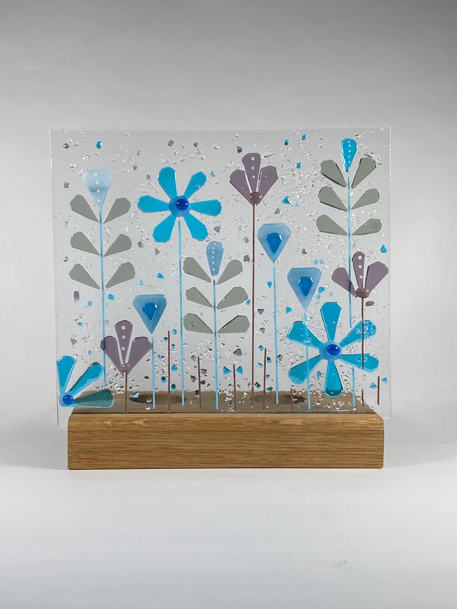 Fused glass retro panel with oak base 