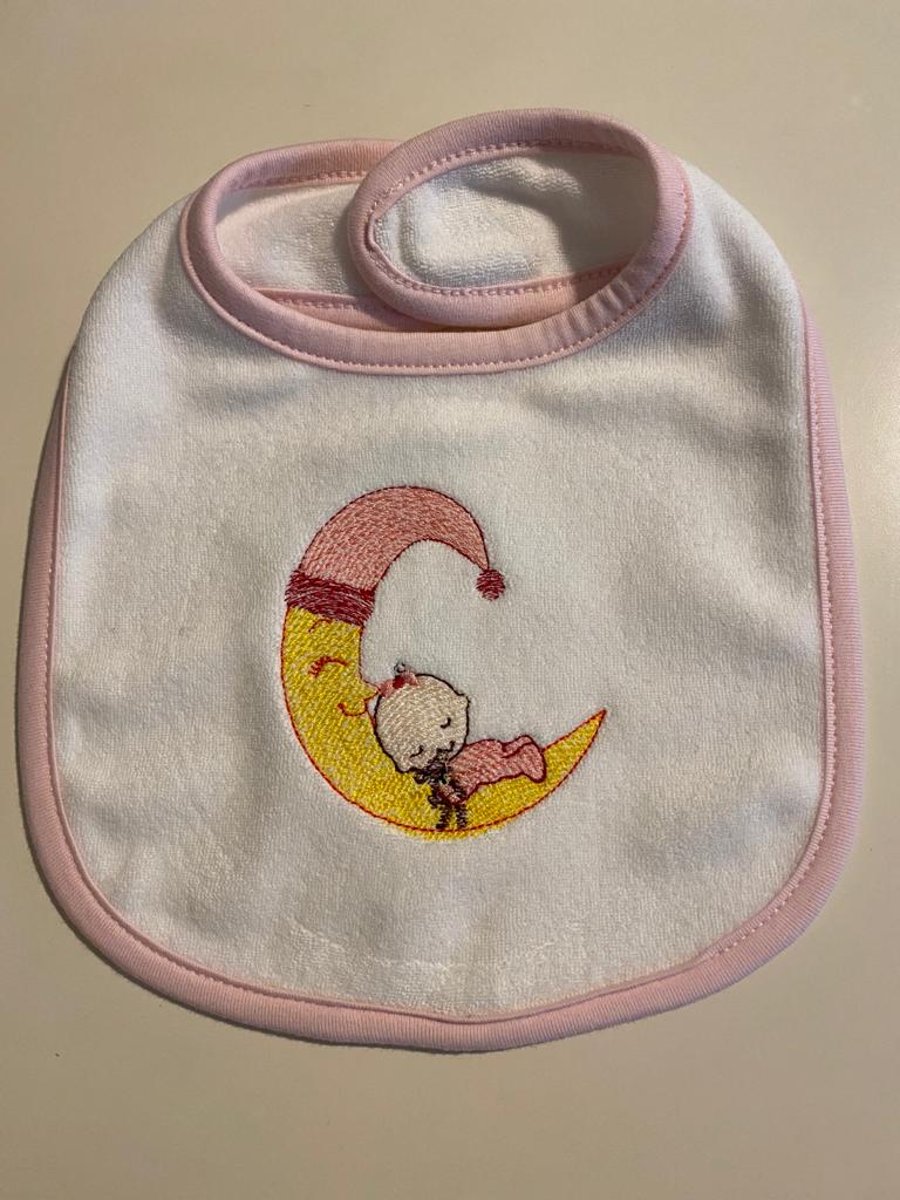 Pink baby bib embroidered moon