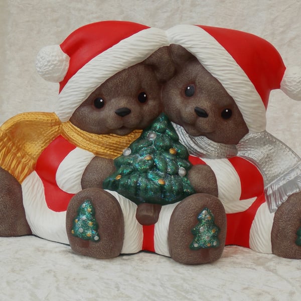 Hand Painted Sitting Ceramic Brown Bears With Green Tree Christmas Decoration.