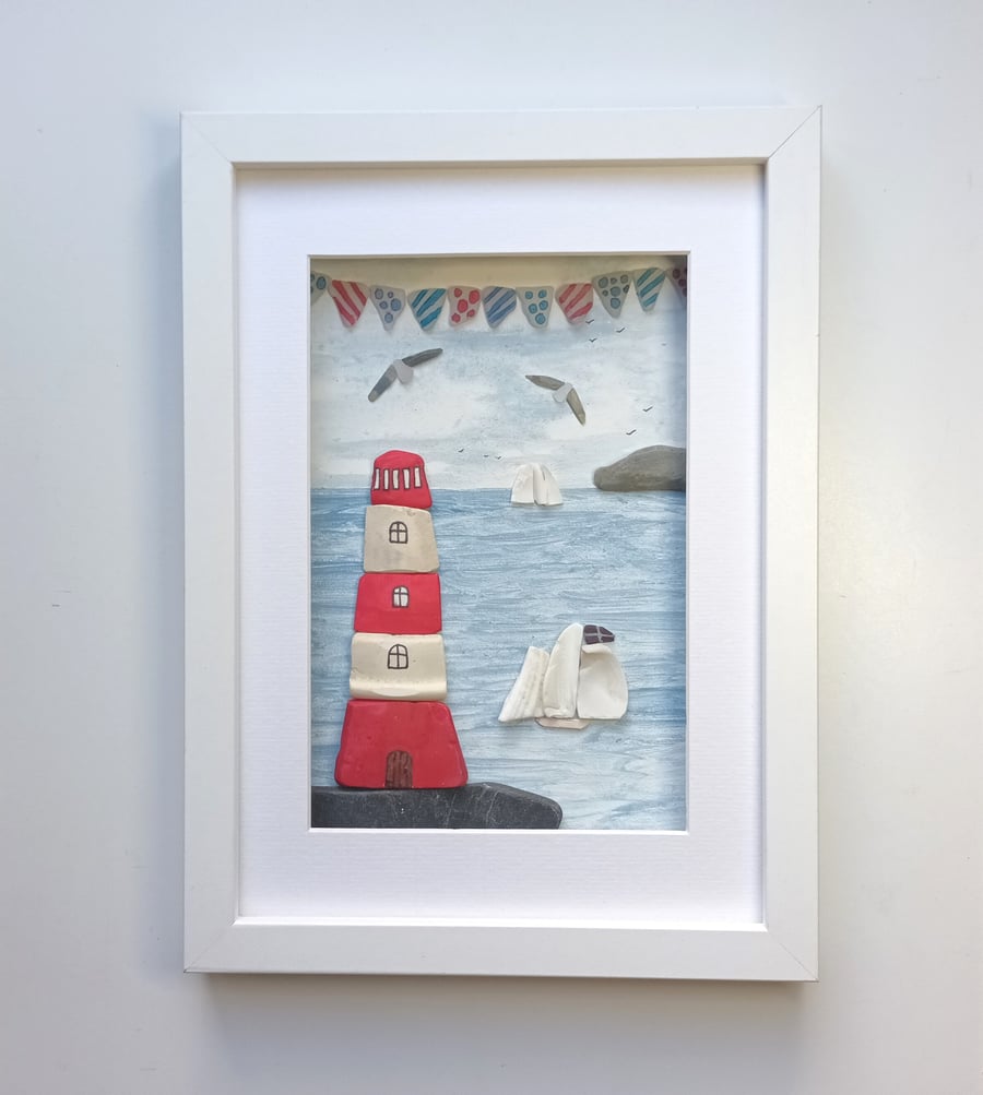 Lighthouse and Tall Ships, Framed Coastal Wall Decor, Nautical Picture Cornwall