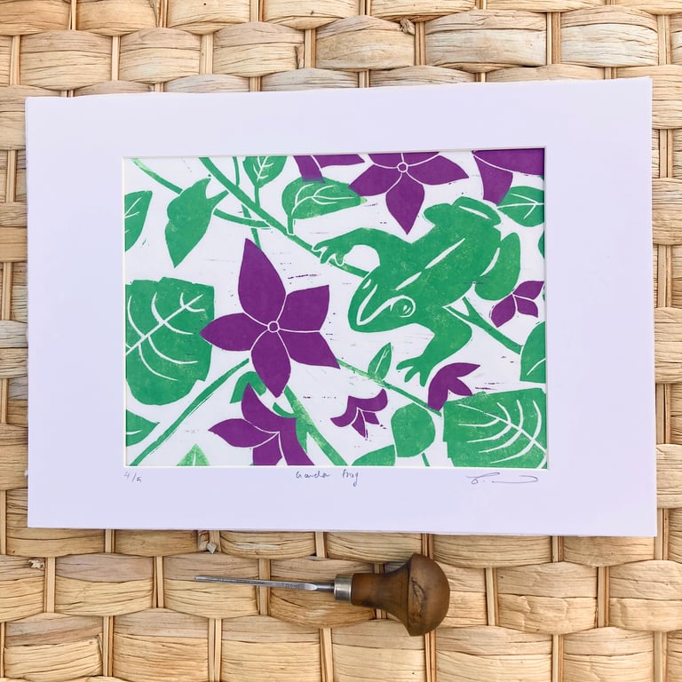 Frog Lino print, frog print, garden frog print, garden frog Lino print