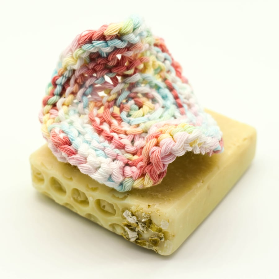 Hand knitted cotton facial scrubbie - pastel colours