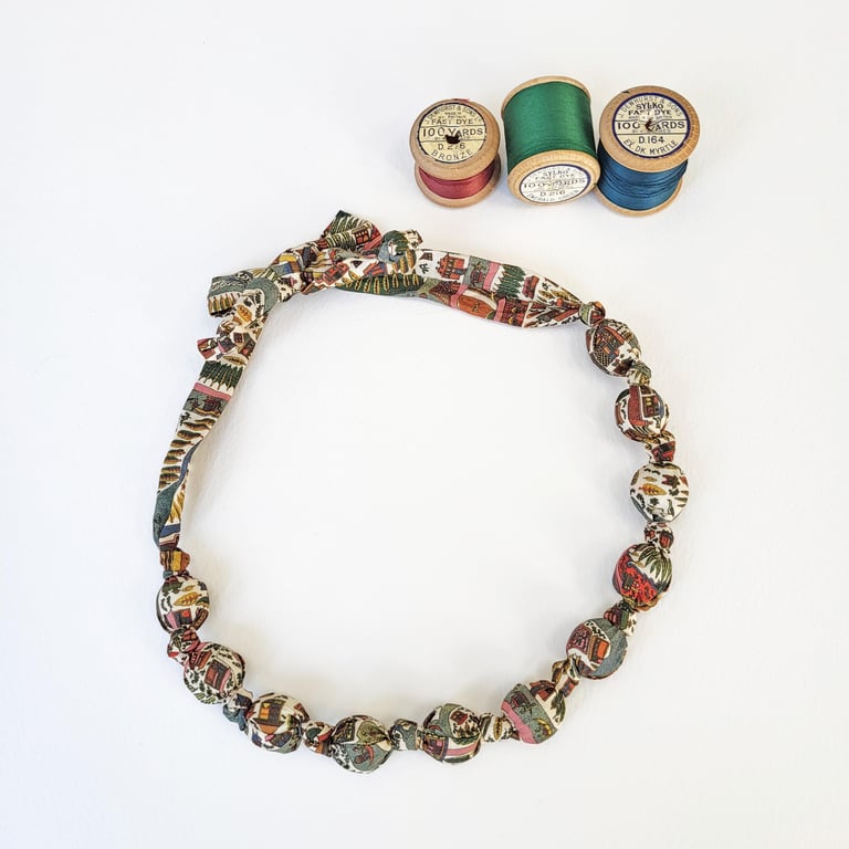 Cream Green Brown Liberty Print Fabric Necklace - Pattern Map A Print