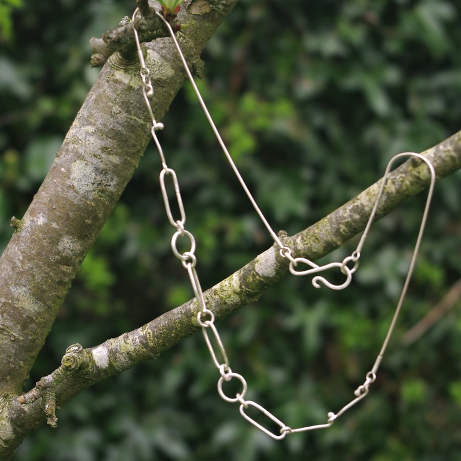  Silver Paperclip and Circles Chain Link Necklace