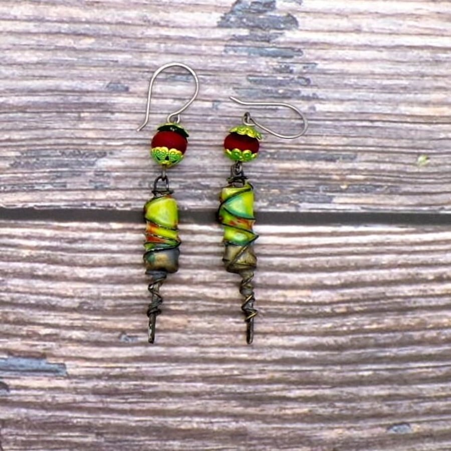 Artisan Dangle Earrings - Red Effetre Glass, Ceramic & Verdigris
