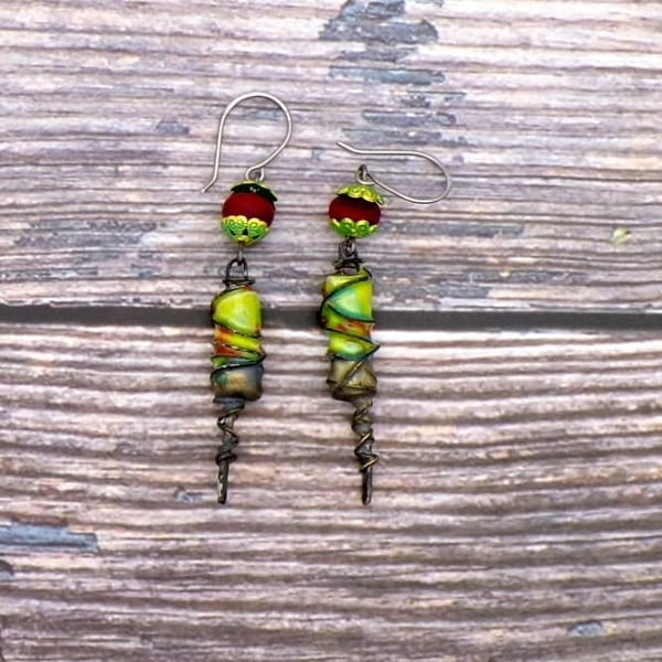 Artisan Dangle Earrings - Red Effetre Glass, Ceramic & Verdigris