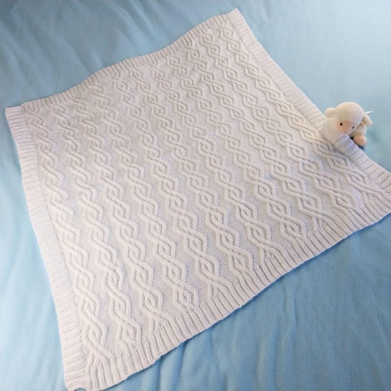 Hand Knitted White Baby Blanket - Diamond Cable Knit, New Baby Gift