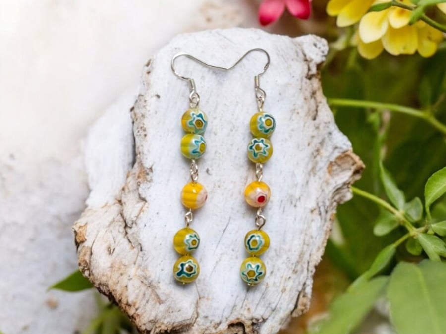 Millefiori flower earrings, glass bead jewellery, long earrings, flower jeweller