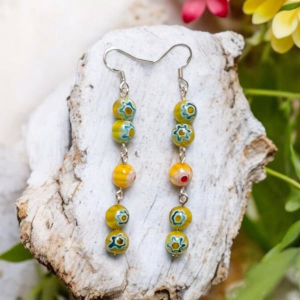 Millefiori flower earrings, glass bead jewellery, long earrings, flower jeweller