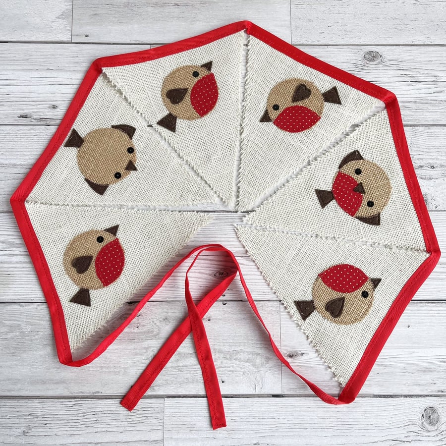 SALE Rustic Christmas Bunting with Robins on Hessian