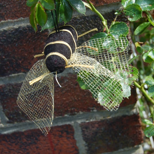 Needle felt hanging bee, golden decorative bee