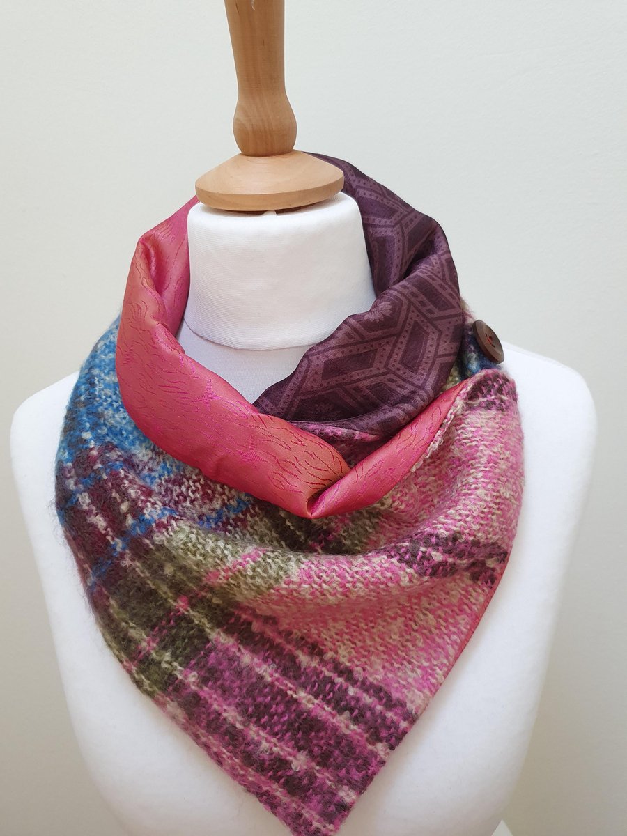 Sari silk and tweed neckwarmer, button wrap scarf. Double sided, reversible. Pin
