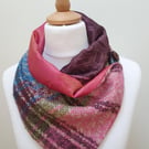 Sari silk and tweed neckwarmer, button wrap scarf. Double sided, reversible. Pin