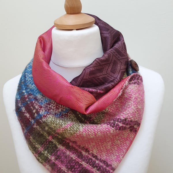 Sari silk and tweed neckwarmer, button wrap scarf. Double sided, reversible. Pin