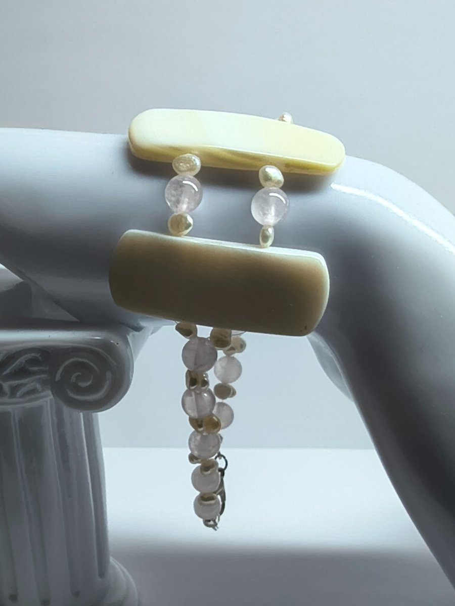 Rose Quartz Fresh Water Pearl Bracelet Mother of Pearl Handmade One Off Unique