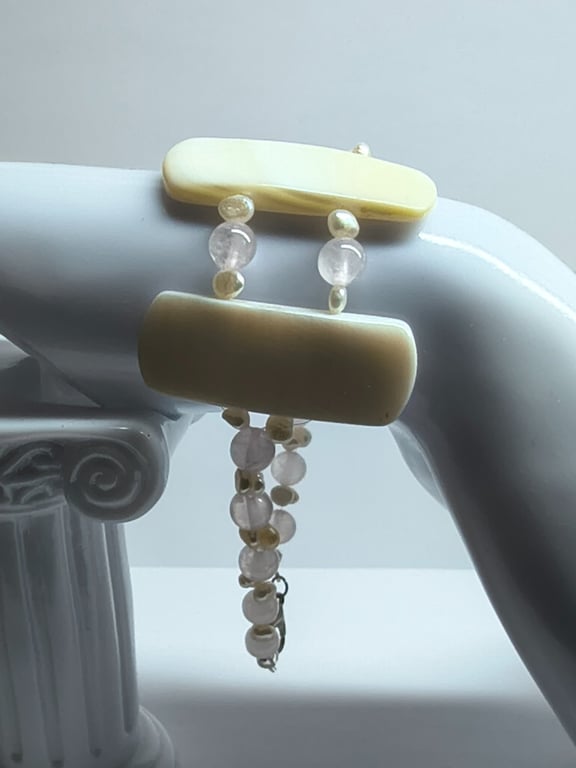 Rose Quartz Fresh Water Pearl Bracelet Mother of Pearl Handmade One Off Unique