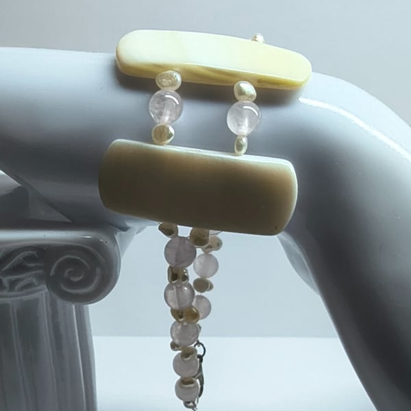 Rose Quartz Fresh Water Pearl Bracelet Mother of Pearl Handmade One Off Unique