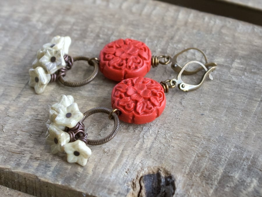 Red & Cream Earrings. Czech Glass Flower Cluster Earrings. Carved Resin Earrings