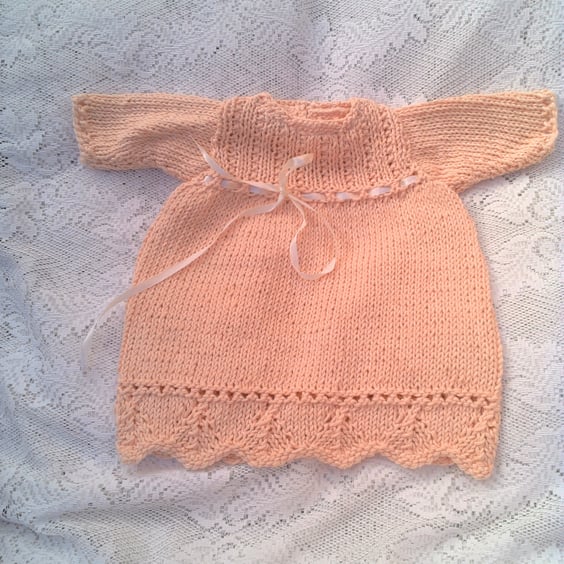 Baby Girl's Hand Knitted Peach Lacy Aran Weigh Dress, Baby Shower Gift, Dress