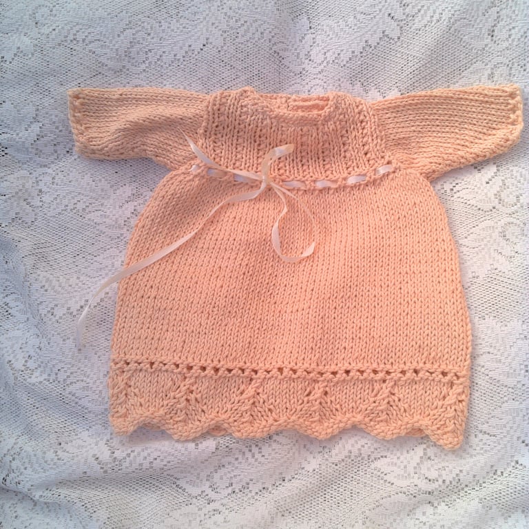Baby Girl's Hand Knitted Peach Lacy Aran Weigh Dress, Baby Shower Gift, Dress