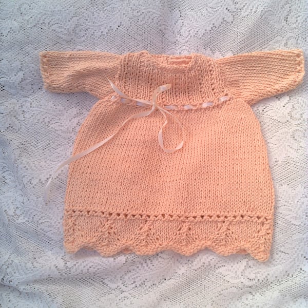 Baby Girl's Hand Knitted Peach Lacy Aran Weigh Dress, Baby Shower Gift, Dress