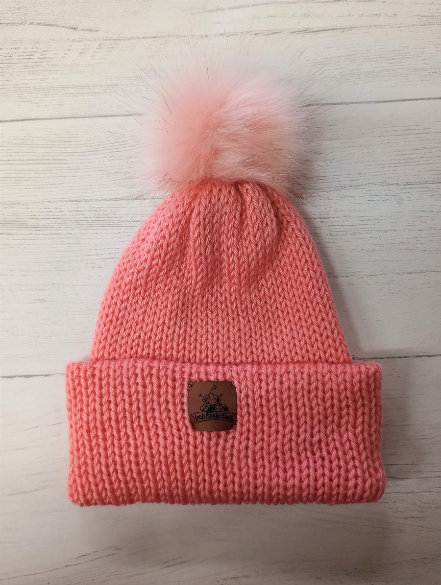 Pink Beanie, Winter hat, Bobble hat