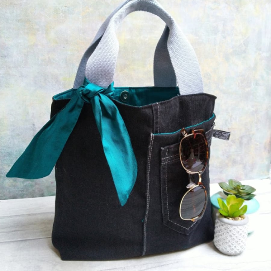 Black Denim and Silk Grab Bag - Folksy