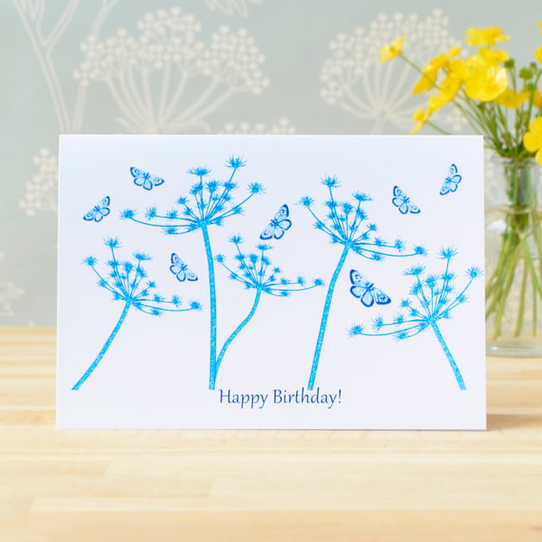 Happy Birthday Card, Cow Parsley Seed heads and butterflies, Cyanotype Art Card