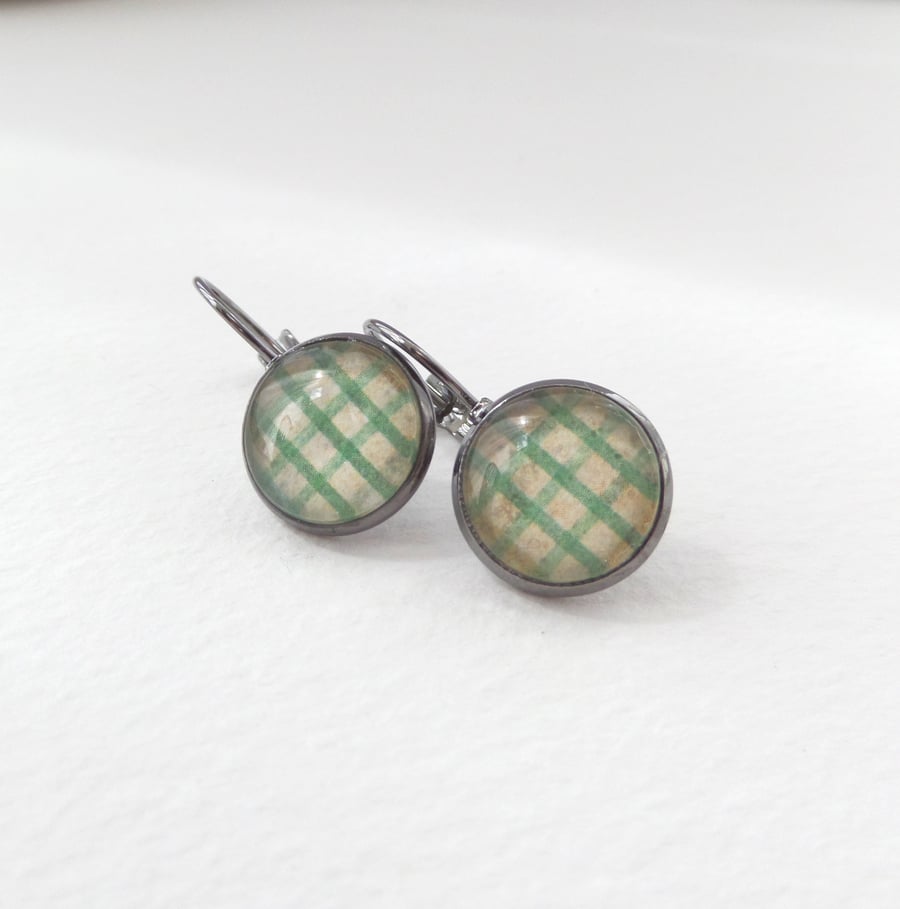 Gunmetal and Green Earrings, Paper Dangle drop leverback earrings