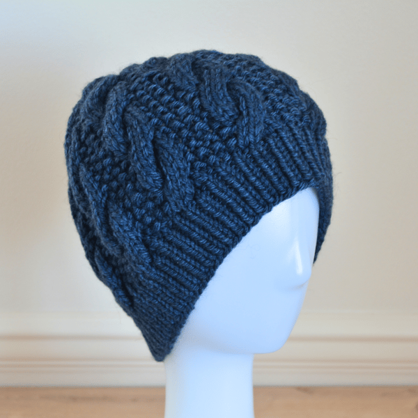 Knitted Cable Hat Oversized Beanie Alpaca Wool Mix Dark Blue