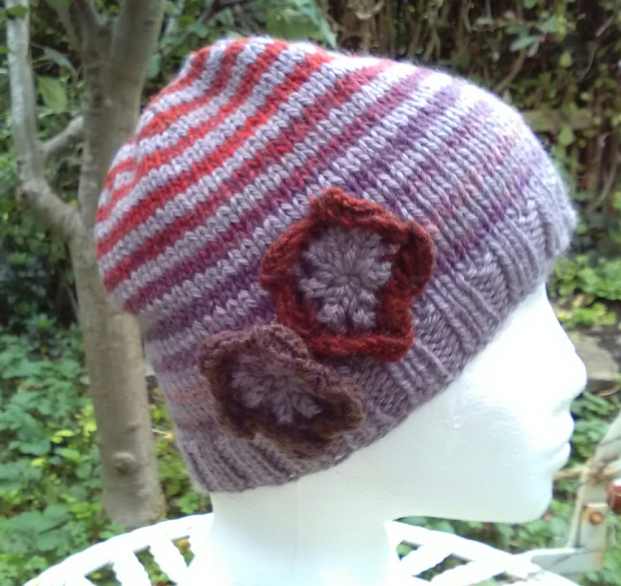 Handknit Noro BFL stripey Hat with flowers Lavender, Reds Purple mix MED